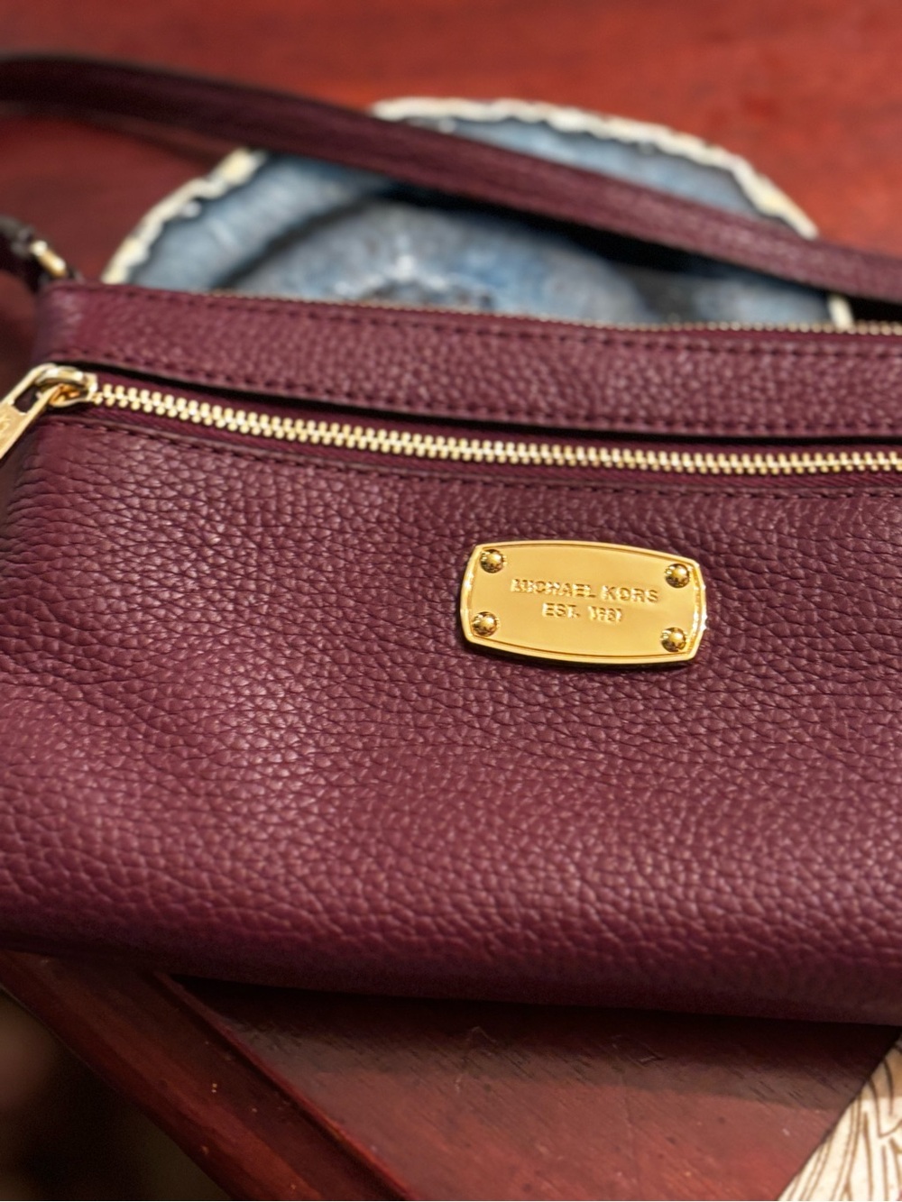 Michael Kors Plum Pebbled Leather Wristlet with Gold Hardware